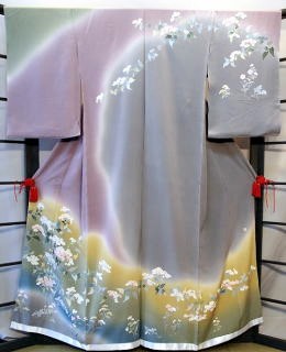 正絹京友禅・青・緑ピンク染め分け【H-027】レンタル大阪