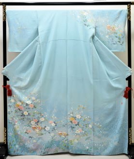 正絹手描き訪問着ブルー:h-016.レンタル大阪