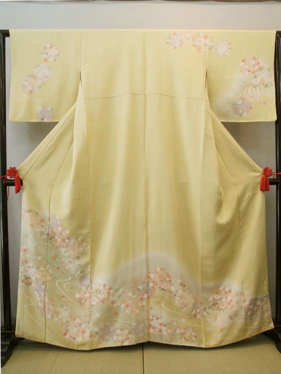 正絹京友禅訪問着、花づくし黄色【H-018】・レンタル大阪