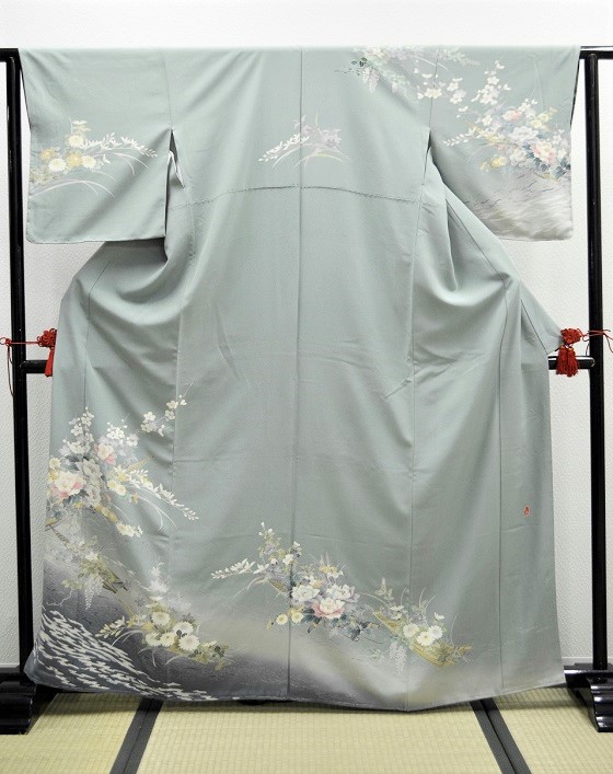 正絹手染め訪問着ブルーグレー花柄波ぼかし009|レンタルキモノ|大阪・日産呉服