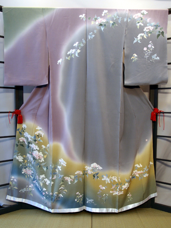 正絹手描京友禅訪問着、3色染め分・青・紫・緑【H-027】レンタルキモノ|大阪・日産呉服