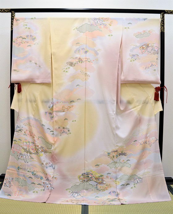 正絹夏用絽訪問着ピンク地花雲取柄：rh-001,レンタル大阪