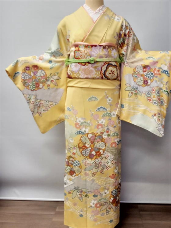 正絹京友禅、黄地訪問着|キモノレンタル|大阪都島、日産呉服・和田甚