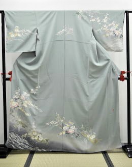 正絹手描き訪問着ダークブルー:h-009.レンタル大阪