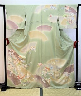 手描き京友禅、扇面薄グリーン訪問着【H-006】.レンタル大阪