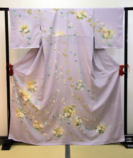 手描き京友禅、花散らしパープル訪問着【H-007】.レンタル大阪