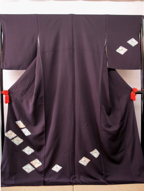 正絹手描き強雨友禅、濃紫【H-025】レンタル大阪