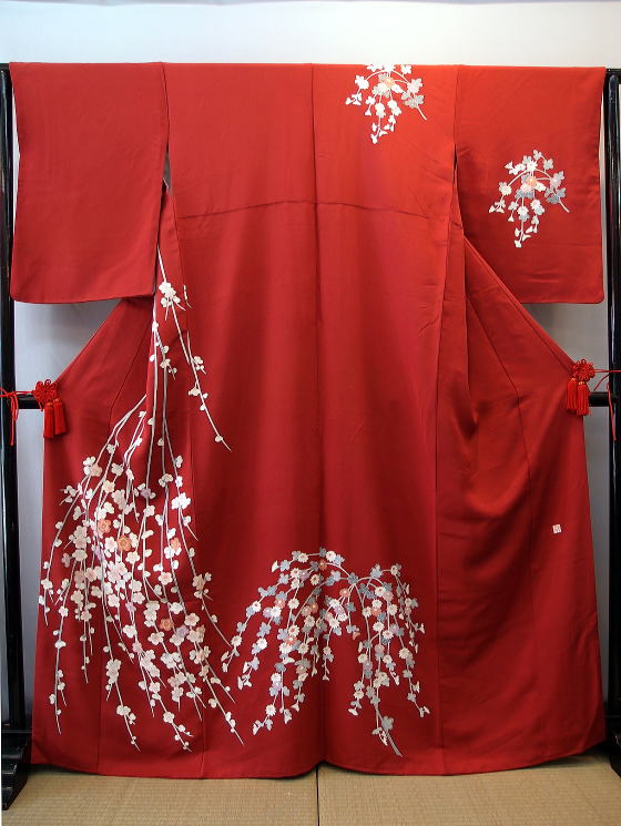 正絹京友禅訪問着、赤地枝垂れ桜【H-022】レンタル大阪
