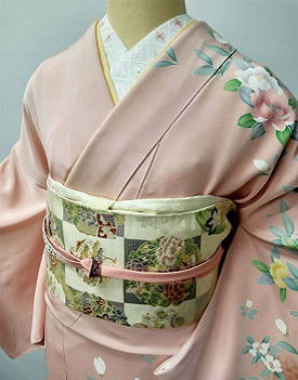 正絹手描き訪問着ピンク:h-008.レンタル大阪