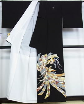 正絹京友禅黒留袖、熨斗目柄【TR-3011】