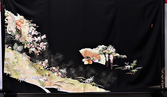 正絹最高級純金箔黒留袖：金糸縫い取り本格糸目手差し友禅の逸品:tr-031|レンタル大阪