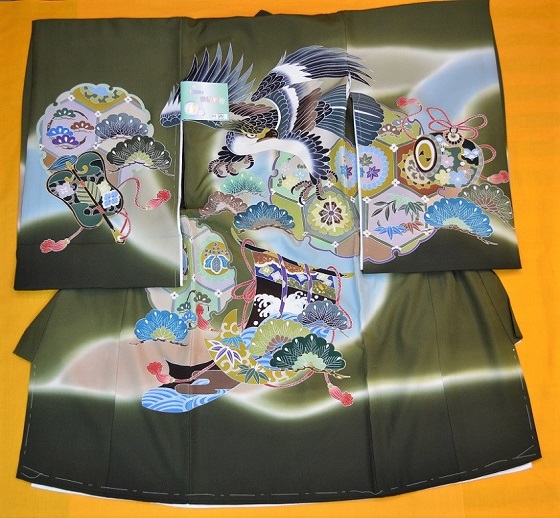 |高級着物専門キモノ粋人|正絹最高級手描き京友禅緑色産着男の子:um-2003|大阪、日産呉服・都島店